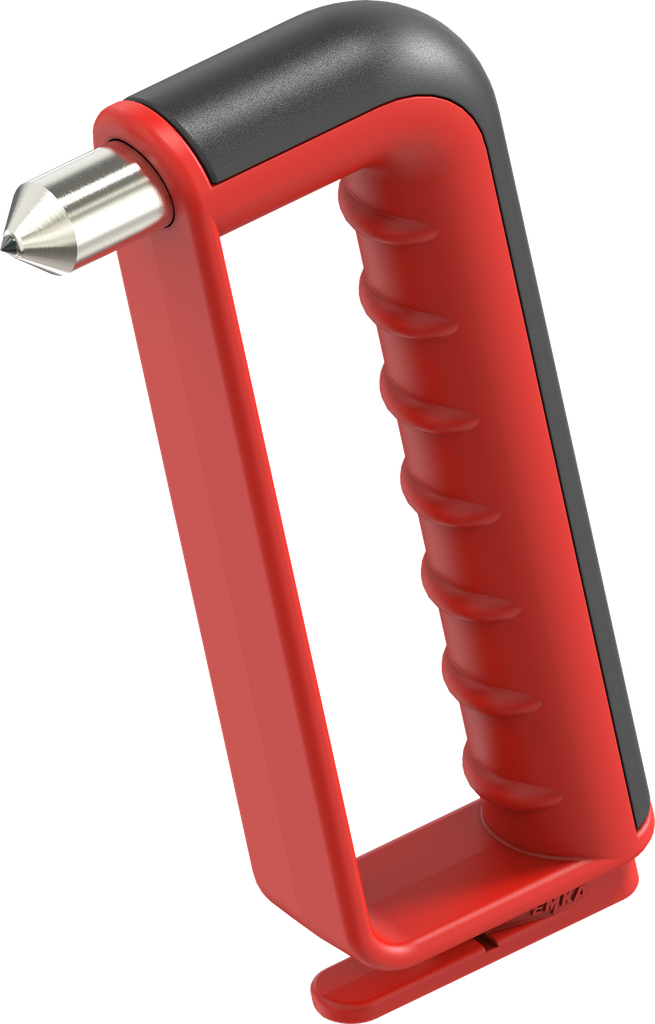 Emergency hammer with hand protection and belt cutter, acier et polyamide rouge