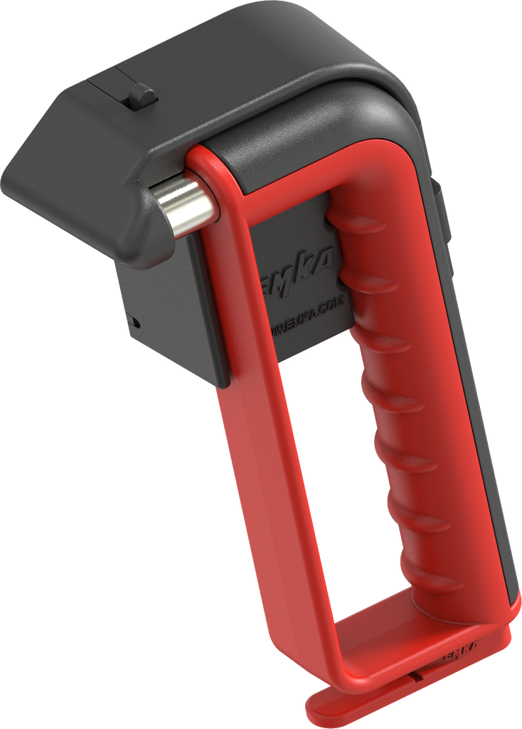 Emergency hammer with hand protection, belt cutter and holder with theft protection, Steel and poylamide red