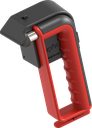 Emergency hammer with hand protection, belt cutter and holder with theft protection, acier et polyamide rouge