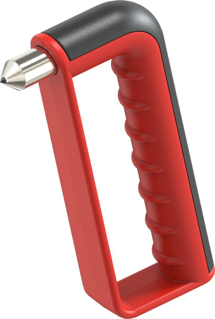 Emergency hammer with hand protection, acier et polyamide rouge