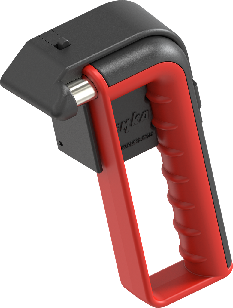 Emergency hammer with hand protection and holder with theft protection, acier et polyamide rouge