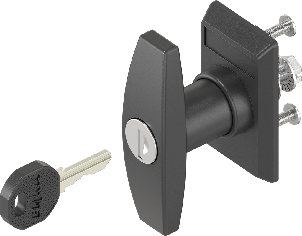 Escutcheon with T-handle, keyed EK 333, Polyamide black and zinc die black powder-coated