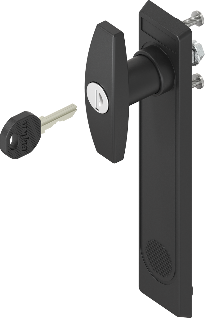 Escutcheon 2153 with T-handle, keyed EK 333, Polyamide black and zinc die black powder-coated