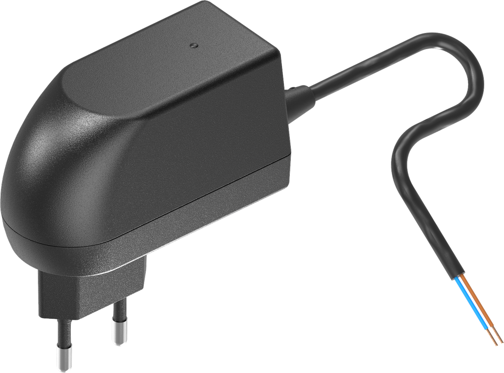 Adaptador de red 12V con extremos de los cables abiertos, plástico negro